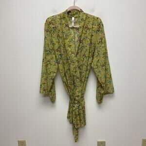 Cacique Yellow Green Floral Long Sleeve Tie Front Chiffon Kimono Robe 18/20